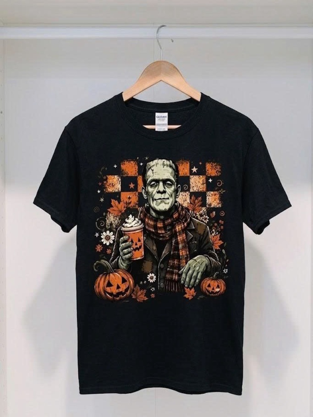 Cozy Frankenstein Pumpkin Spice Latte Coffee Halloween Graphic T-Shirt Black